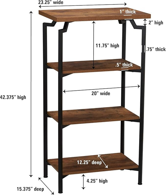 Household Essentials Crown Narrow 4 Shelf Open Storage Bookshelf Rustic Hickory Wood Grain and Black Metal - LeafyLoom