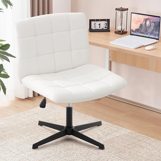 Furniliving Office Desk Chair No Wheels, Criss Cross Legged Office Desk Chair Height Armless Adjustable Wide Home Chair with Mid Back PU-Padded Swivel Accent Vanity Chairs,White - LeafyLoom