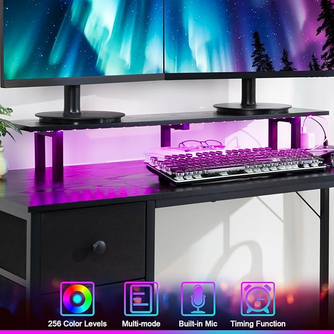 Computer Desk with LED Light & Power Outlets, 47 Inch Gaming Desk with 4 Fabric Drawers, Office Desk with Monitor Stand, Black Work Writing Desk with Hooks for Home Office, Bedroom, HGD12BK - LeafyLoom