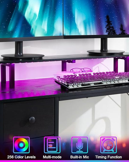Computer Desk with LED Light & Power Outlets, 55 Inch Gaming Desk with 4 Fabric Drawers, Office Desk with Monitor Stand, Black Work Writing Desk with Hooks for Home Office, Bedroom, HGD14BK - LeafyLoom