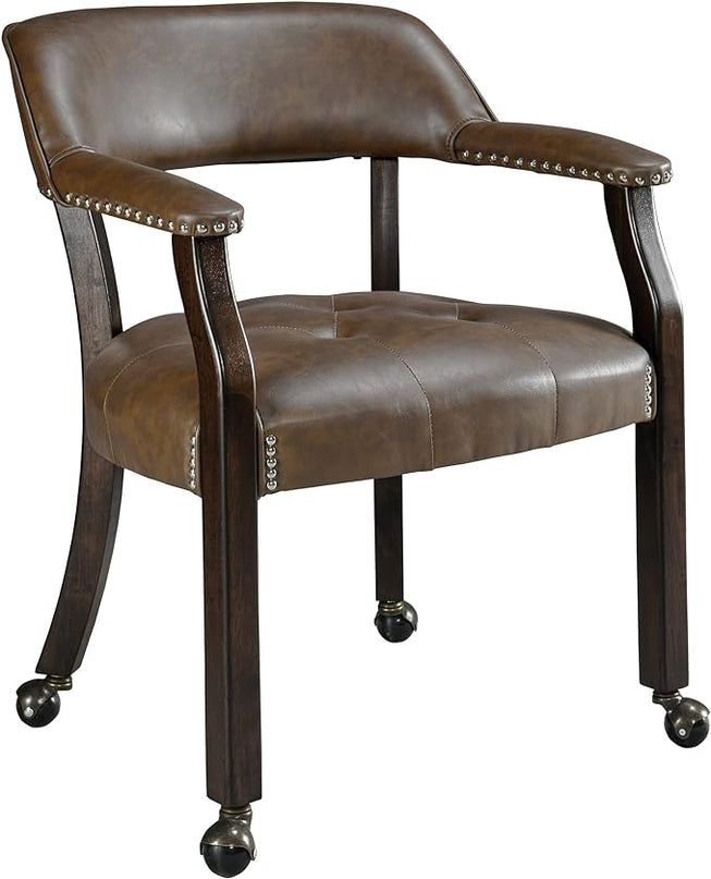 Large Dining Chairs with Casters and Arms, Rolling Dining Chairs with Wheels, Game Poker Table Chairs, Boss Caption's Chairs, 26"D x 25.2"W x 31.5"H, Espresso Legs & Choalate PU, XXY-1910-BN - LeafyLoom