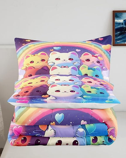 Rainbow Cat Comforter Twin Size - Rainbow Cat Bedding for Girls Room Cute Cartoon Rainbow Bedding Twin Comforter Sets for Kids, 1 Comforter+1 Pillowcase - LeafyLoom