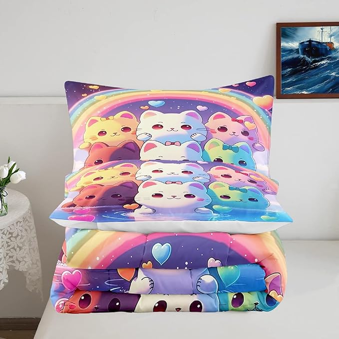Rainbow Cat Comforter Twin Size - Rainbow Cat Bedding for Girls Room Cute Cartoon Rainbow Bedding Twin Comforter Sets for Kids, 1 Comforter+1 Pillowcase - LeafyLoom