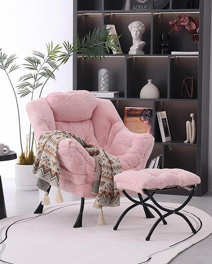 Lazy Chair with Ottoman, Modern Accent Chair Contemporary Lounge Leisure Upholstered Sofa Chair Set with Armrests, Reading Chair for Living Room, Bedroom, Office, Plush Pink - LeafyLoom