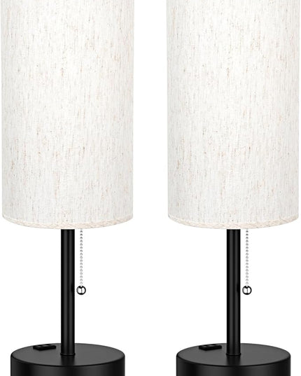 Plus Bedside Table Lamps Set of 2 - 3 Color Temperatures Pull Chain Lamp with AC Outlet Charging Port, Two Round Night Stand Lamps for Bedroom Guest Room Office, Bed Side Light with E26 LED Bulbs - LeafyLoom