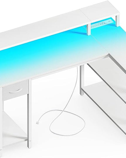 SUPERJARE 47 inch Reversible L Shaped Desk with LED Lights & Power Outlets, Computer Desk with Shelves & Monitor Stand, Gaming Desk with Drawer, Home Office Desk Corner Desk, PU White Drawer - LeafyLoom