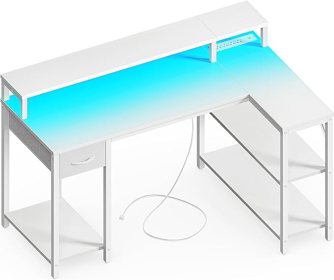 SUPERJARE 47 inch Reversible L Shaped Desk with LED Lights & Power Outlets, Computer Desk with Shelves & Monitor Stand, Gaming Desk with Drawer, Home Office Desk Corner Desk, PU White Drawer - LeafyLoom