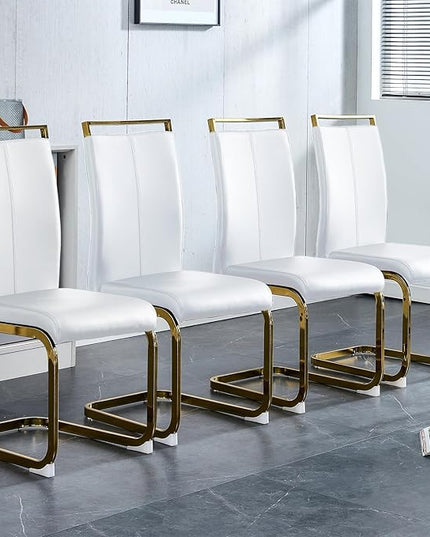 Modern Dining Chairs Set of 4,High Back White Kitchen Chairs,Faux Leather Side Chair with Gold Plated Metal Legs,Easy to Clean Upholstered Dining Chairs,Ideal for Living Room(Gold Leg) - LeafyLoom
