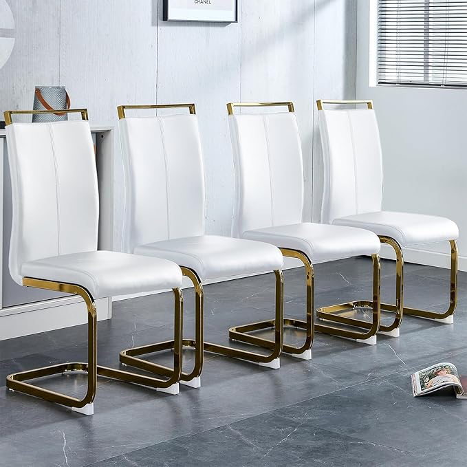 Modern Dining Chairs Set of 4,High Back White Kitchen Chairs,Faux Leather Side Chair with Gold Plated Metal Legs,Easy to Clean Upholstered Dining Chairs,Ideal for Living Room(Gold Leg) - LeafyLoom