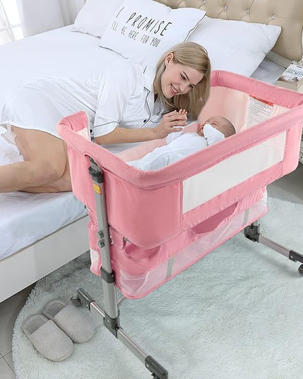 3 in 1 Travel Baby Crib,Baby Bed with Breathable Net,Adjustable Portable Bed for Infant/Baby with Detachable Mosquito net and Mattress,Pink - LeafyLoom