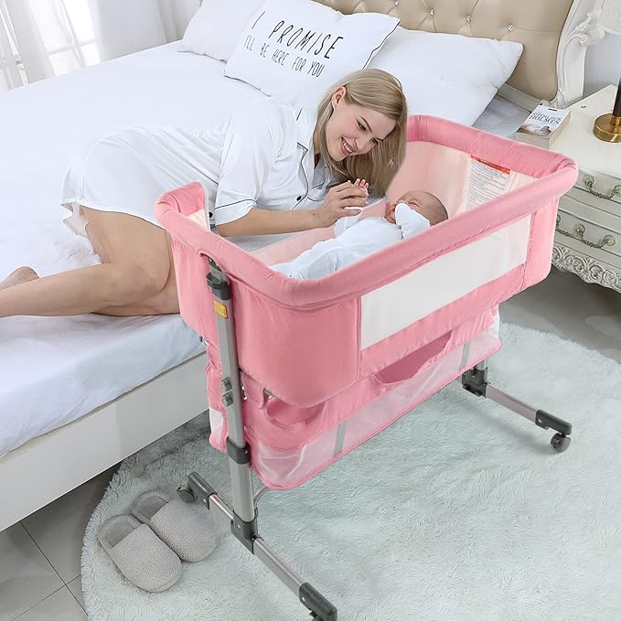3 in 1 Travel Baby Crib,Baby Bed with Breathable Net,Adjustable Portable Bed for Infant/Baby with Detachable Mosquito net and Mattress,Pink - LeafyLoom