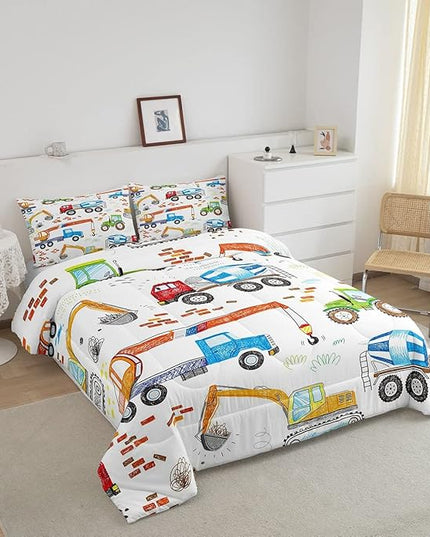 Boys Excavator Bedding Set Construction Vehicles Comforter Set for Kids Girls Watercolor Tractor Crane Truck Comforter Colorful Design Quilt Room 3Pcs Full Size Boys - LeafyLoom