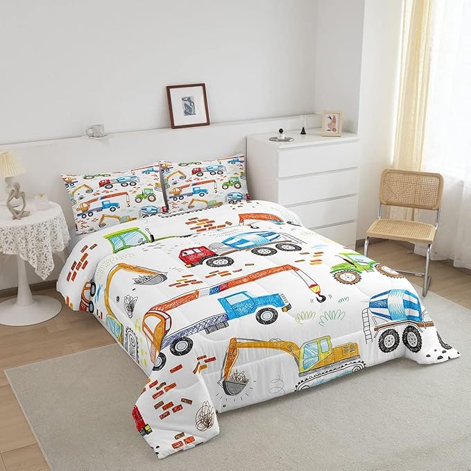 Boys Excavator Bedding Set Construction Vehicles Comforter Set for Kids Girls Watercolor Tractor Crane Truck Comforter Colorful Design Quilt Room 3Pcs Full Size Boys - LeafyLoom
