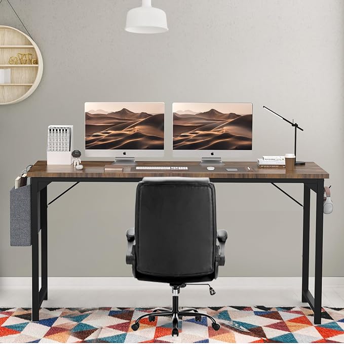 SMUG Computer Desk 48 Inch Home Office Writing Wood Storage Bag & Headphone Hook Simple Bedroom 2 Person Work Study Kids Table, Rustic Brown - LeafyLoom