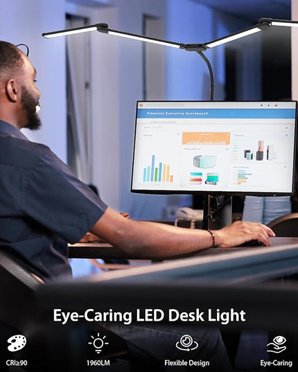 Desk Lamp for Office Home, 4 Heads, 24W Ultra Bright, 5 Colors 10 Bright Levels, Long Flexible Clamp Clip Light, Task Table Lamp with Adapter & Switch Controller, Black - LeafyLoom