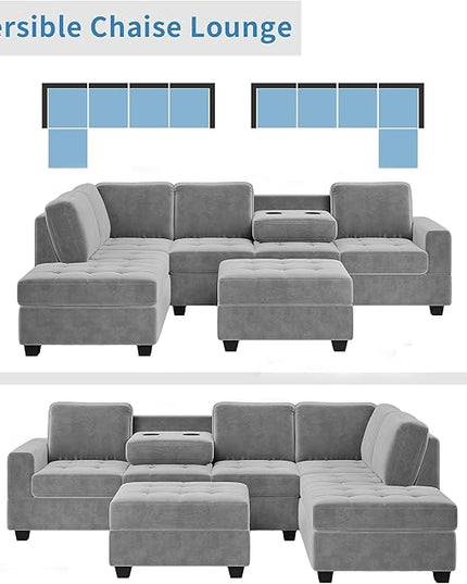 112" Modern L-Shape Sectional Sofa with Reversible Chaise &Storage Ottoman, Velvet Upholstered Couch w/Cup Holder, for Living Room, Apartment, 112 Inch, Dark Gray - LeafyLoom