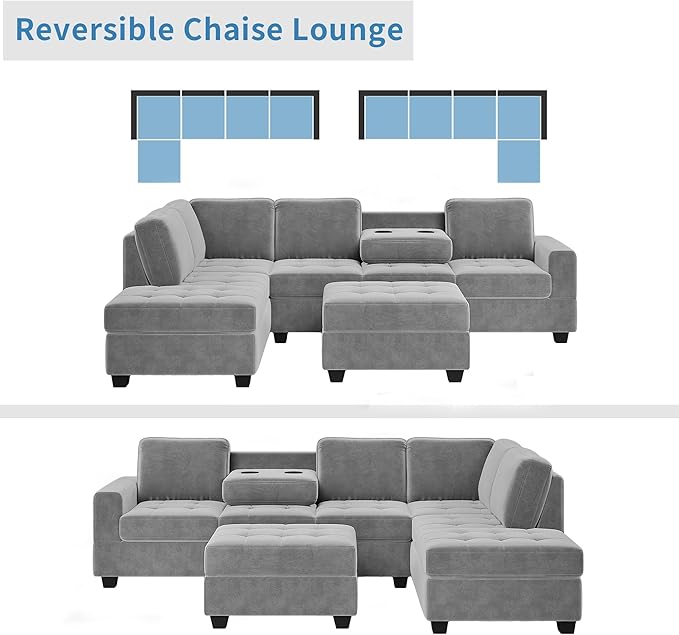 112" Modern L-Shape Sectional Sofa with Reversible Chaise &Storage Ottoman, Velvet Upholstered Couch w/Cup Holder, for Living Room, Apartment, 112 Inch, Dark Gray - LeafyLoom