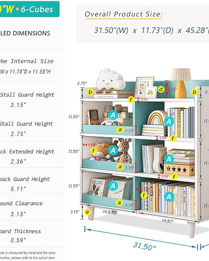Wooden Cube Bookcase with Legs - 3-Tier Open Shelf Kidsroom Sorted Storage Cabinet Organizer for Books and Toys, 6-Cube Lattice Cute Cubby Bookshelf in White Mixed Westlake Blue, 32" W - LeafyLoom