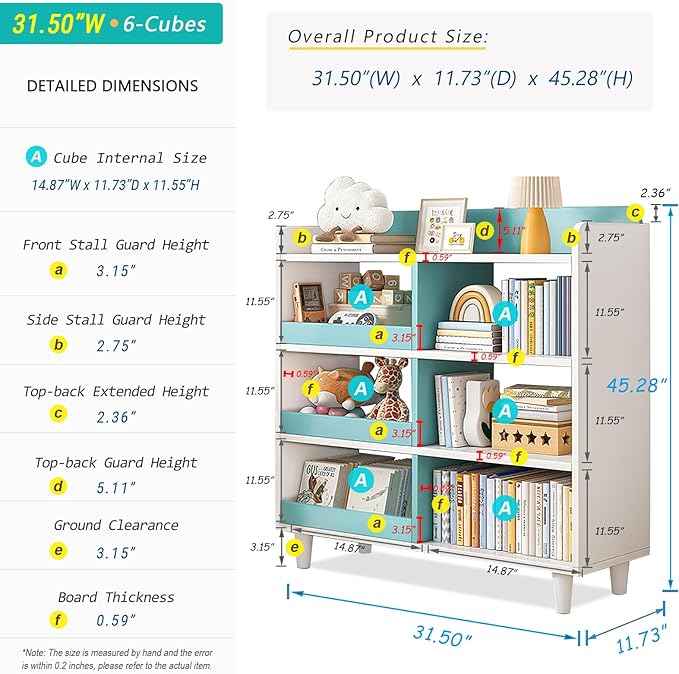 Wooden Cube Bookcase with Legs - 3-Tier Open Shelf Kidsroom Sorted Storage Cabinet Organizer for Books and Toys, 6-Cube Lattice Cute Cubby Bookshelf in White Mixed Westlake Blue, 32" W - LeafyLoom