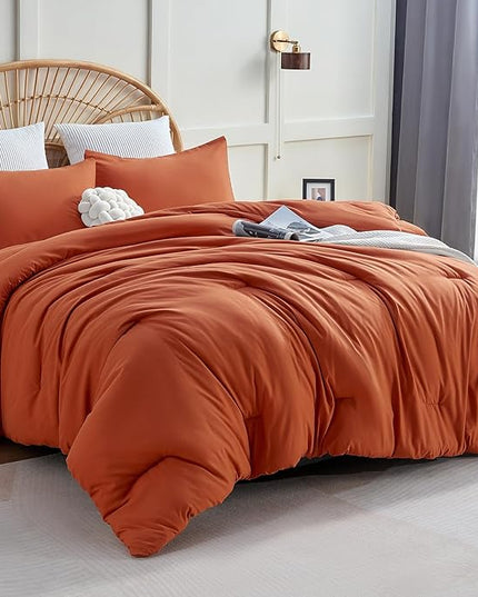 CozyLux Terracotta Comforter Set Twin/Twin XL Size, 2 Pieces Twin Extra Long Solid Burnt Orange Breathable Boho Style Bedding Sets, Luxury Soft Comforter All Season(1 Comforter & 1 Pillowcase) - LeafyLoom