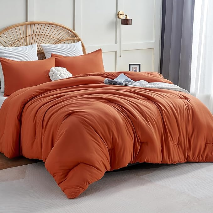 CozyLux Terracotta Comforter Set Twin/Twin XL Size, 2 Pieces Twin Extra Long Solid Burnt Orange Breathable Boho Style Bedding Sets, Luxury Soft Comforter All Season(1 Comforter & 1 Pillowcase) - LeafyLoom
