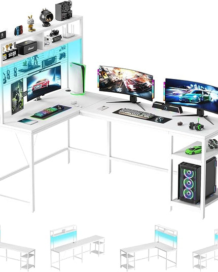 L Shaped Desk with Hutch & Pegboard - Reversible 67" L Shaped Gaming Desk with LED Lights, Corner Computer Desk with Storage Shelves, White - LeafyLoom