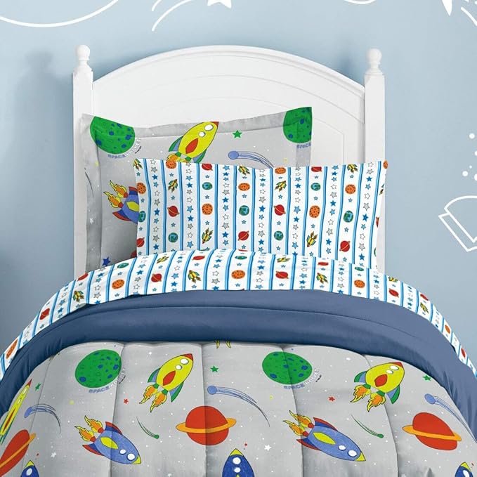 Dream Factory Space Rocket Ultra Soft Microfiber Comforter Set, Multi-Colored, Twin,2A745901MU - LeafyLoom