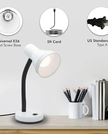 Xtricity Metal Desk Lamp with Adjustable Gooseneck Arm, 6W A19 LED Bulb Included, 120 Volt, Convenient On/Off Switch, 14" Inch Tall (36cm), White Finish - LeafyLoom