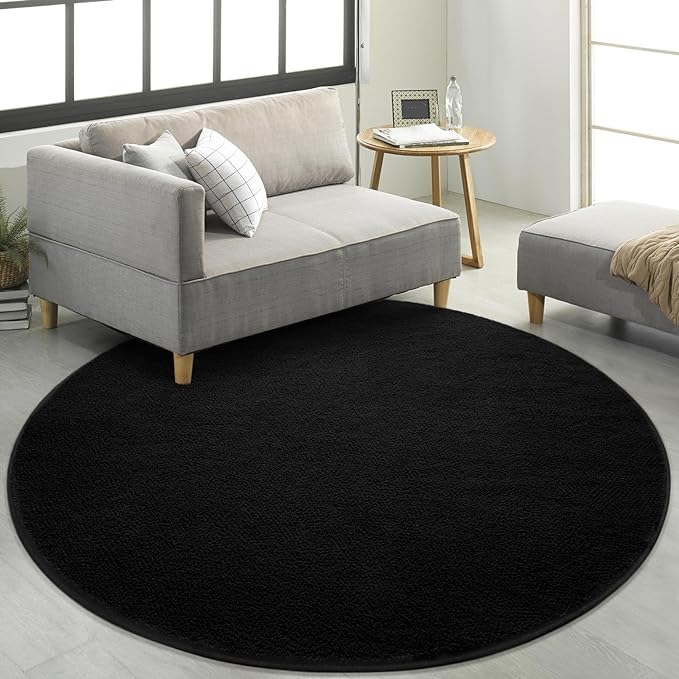 Round Area Rugs for Bedroom Living Room, 4x4 Black Super Soft Comfy Thickened Memory-Foam Indoor Circle Carpet, Modern Aesthetic Minimalist Carpet for Boys Girls Adults Nursery Home Décor - LeafyLoom