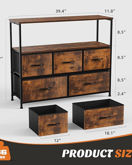 Sweetcrispy TV Stand for Bedroom, TV Dresser for 45 inches, Media Console Table, Entertainment Center with 5 Fabric Drawers Cabinet and Open Storage Shelf Furniture Cabinet for Living Room, Hallway - LeafyLoom
