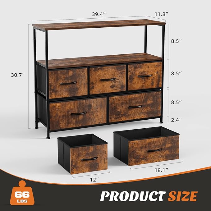 Sweetcrispy TV Stand for Bedroom, TV Dresser for 45 inches, Media Console Table, Entertainment Center with 5 Fabric Drawers Cabinet and Open Storage Shelf Furniture Cabinet for Living Room, Hallway - LeafyLoom
