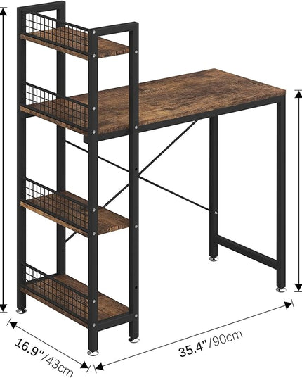 4NM 35" Small Computer Desk with 4-Tier Bookshelf and 8 Hooks, Home Office Desk Writing Workstation Study Table for Small Space Work - Rustic Brown and Black - LeafyLoom