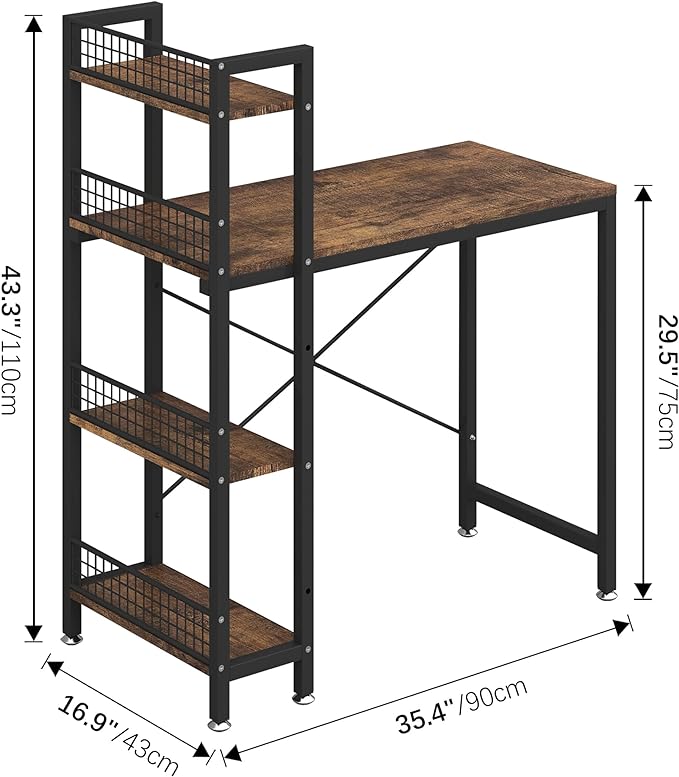 4NM 35" Small Computer Desk with 4-Tier Bookshelf and 8 Hooks, Home Office Desk Writing Workstation Study Table for Small Space Work - Rustic Brown and Black - LeafyLoom