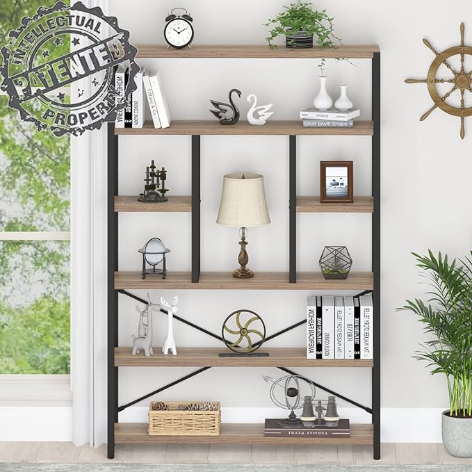 LVB Tall Industrial Etagere Bookcase, Modern Wood Large Open 6 Tier Bookshelf, Vintage Wide Metal Book Shelf Organizer, Farmhouse Book Shelves for Bedroom Living Room Home Office Storage, Rustic Oak - LeafyLoom