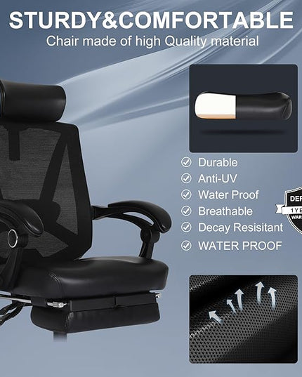 Misolant Ergonomic Office Chair with Footrest, Ergonomic Desk Chair with Adjustable 2D Lumbar Support, High Back Office Chair with Adjustable Headrest, Comfortable Leather Office Chair -Black - LeafyLoom