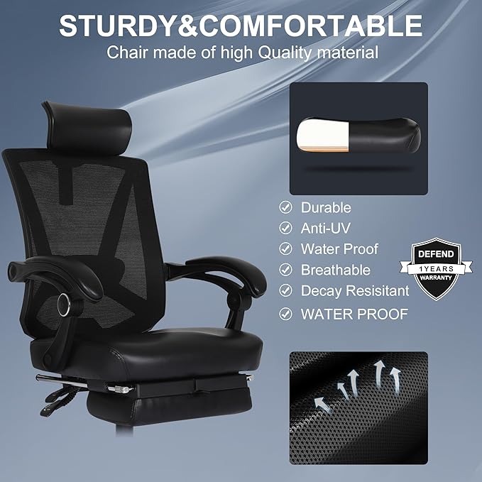 Misolant Ergonomic Office Chair with Footrest, Ergonomic Desk Chair with Adjustable 2D Lumbar Support, High Back Office Chair with Adjustable Headrest, Comfortable Leather Office Chair -Black - LeafyLoom