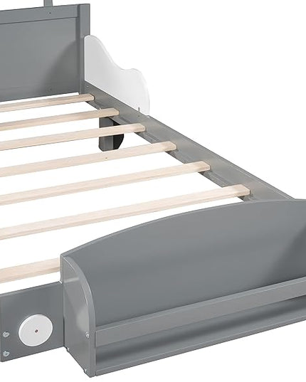 Twin Size Car-Shaped Platform Bed with 2 Storage Shelf,Kids Cars Beds W/Wheels,Slats Support,Saving Space,Easy Assembly,Wood Car Bedframe for Boys Toddlers Teens Bedroom,Gray - LeafyLoom