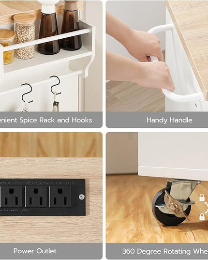 HOOBRO 43.3 Inch Kitchen Island with Charging Station, Rolling Kitchen Island with Storage, Kitchen Island Cart with Spice Rack and Hooks, for Kitchen, Living Room, White and Natural WN11UZD01 - LeafyLoom