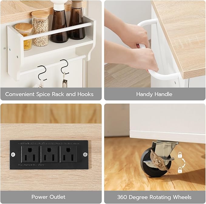 HOOBRO 43.3 Inch Kitchen Island with Charging Station, Rolling Kitchen Island with Storage, Kitchen Island Cart with Spice Rack and Hooks, for Kitchen, Living Room, White and Natural WN11UZD01 - LeafyLoom