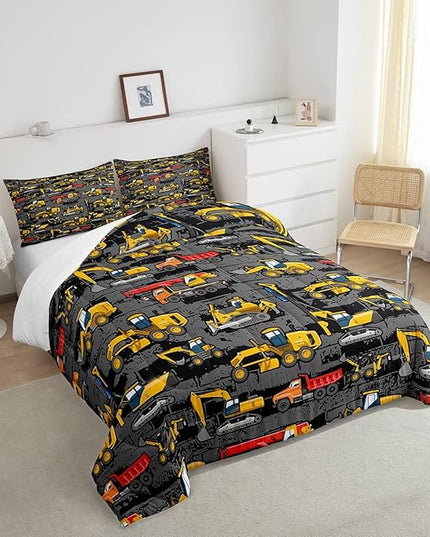 Boys Full Size Construction Comforter Set,Kids Tractor Comforter Yellow Trucks Car Bed Room Decor,Equipment Excavator Bedding Set Cartoon Vehicle Quilt Duvet Set Soft Lightweight Dark Grey 3 Pcs - LeafyLoom