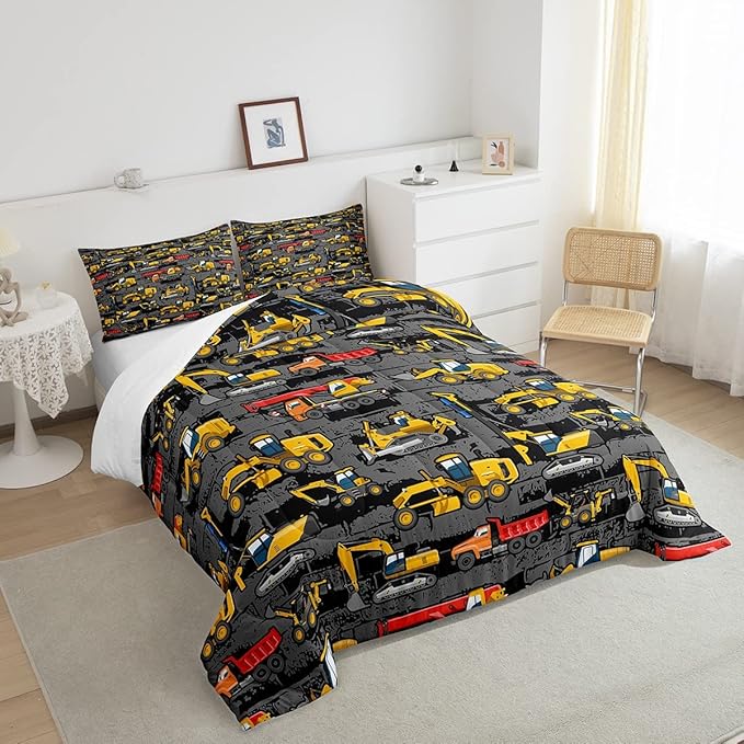 Tractor Comforter set Queen,Construction Bedding Comforter Bedroom Decor For Boys Kids Teens,Cartoon Excavator Truck Down Comforter Vehicle Cars Bed Set For All Season Yellow Dark Grey 2 Pillowcases - LeafyLoom