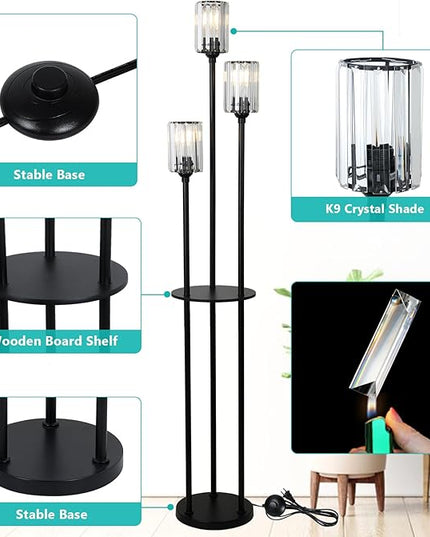 HMVPL Crystal Floor Lamp with Shelves, Modern Floor Lamps for Living Room, 3-Light Standing Lamps with Table, Black Floor Lamp with Crystal Shade, On/Off Foot Switch, Corner Floor Lamp for Bedroom - LeafyLoom