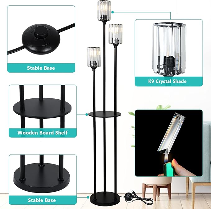 HMVPL Crystal Floor Lamp with Shelves, Modern Floor Lamps for Living Room, 3-Light Standing Lamps with Table, Black Floor Lamp with Crystal Shade, On/Off Foot Switch, Corner Floor Lamp for Bedroom - LeafyLoom
