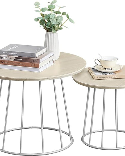 VASAGLE Round Coffee Tables, Set of 2, Modern Circle Side Tables with Steel Frame, for Living Room, Bedroom, Natural Beige ULCT045K67 - LeafyLoom