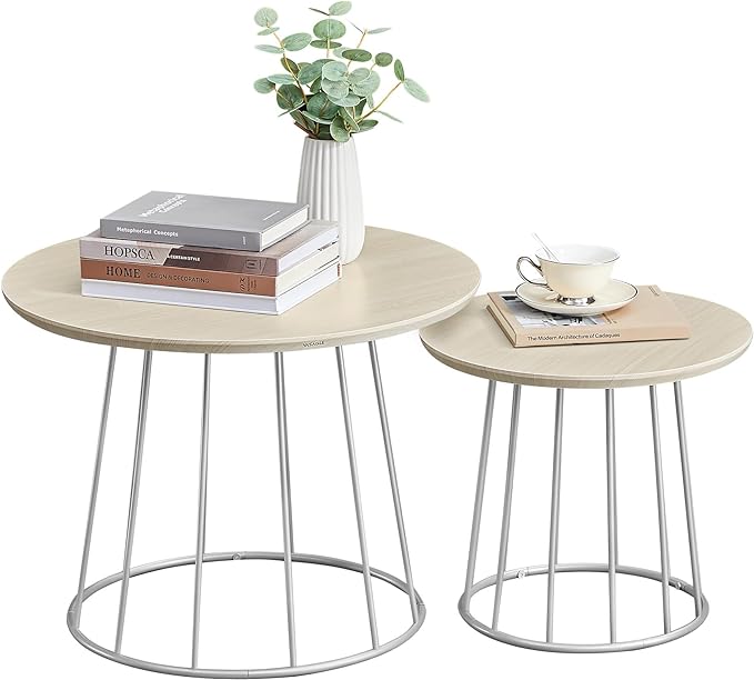 VASAGLE Round Coffee Tables, Set of 2, Modern Circle Side Tables with Steel Frame, for Living Room, Bedroom, Natural Beige ULCT045K67 - LeafyLoom
