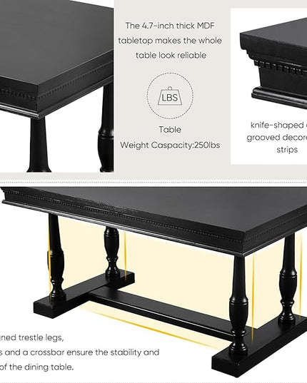 59.4 Inch Dining Table Set for 6, 7-Piece Dining Table with 4 Trestle Base and 6 Upholstered Chairs with Slightly Curve and Ergonomic Seat Back, Black - LeafyLoom