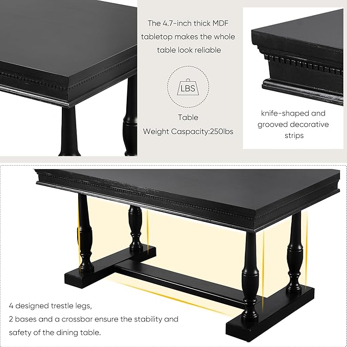 59.4 Inch Dining Table Set for 6, 7-Piece Dining Table with 4 Trestle Base and 6 Upholstered Chairs with Slightly Curve and Ergonomic Seat Back, Black - LeafyLoom