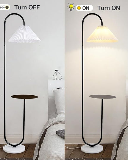 Modern Elegant with Tray Floor Lamp for Office Cafe Den Living Room Bedroom, Foot Switch and Black Paint, White Pleated Cloth Lampshade - LeafyLoom