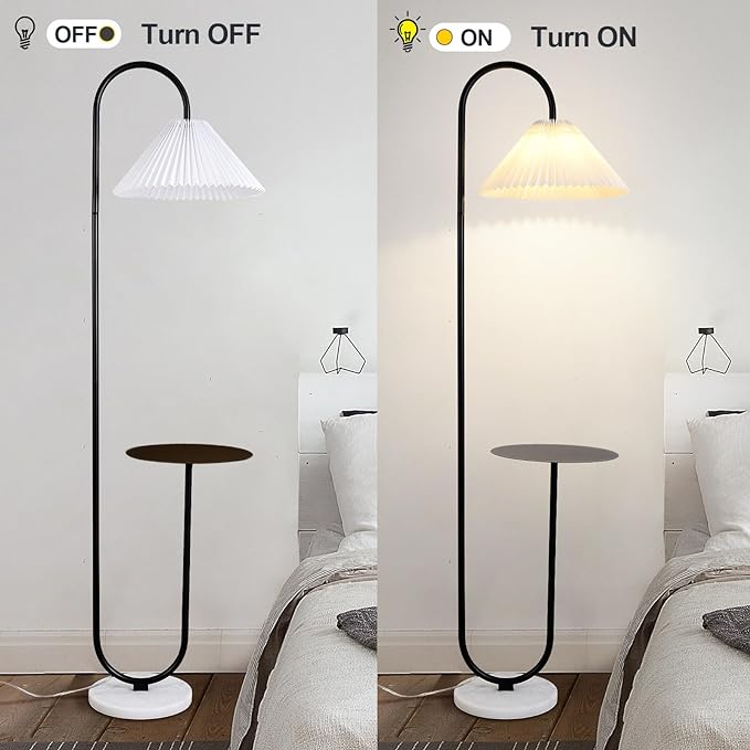 Modern Elegant with Tray Floor Lamp for Office Cafe Den Living Room Bedroom, Foot Switch and Black Paint, White Pleated Cloth Lampshade - LeafyLoom
