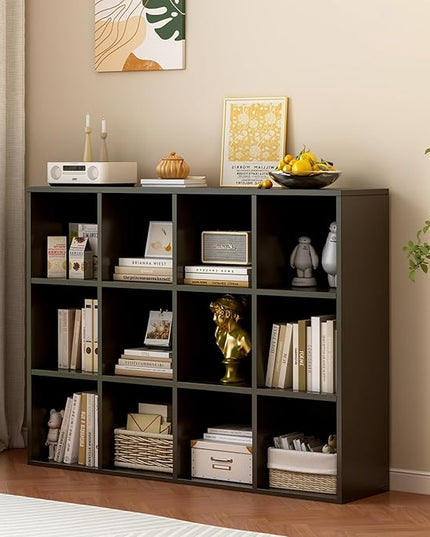 12-Cube Storage Shelf Bookcase - Wooden 3-Tier Floor Standing Open Bookshelf for Home and Office, Display Cabinet, Black - LeafyLoom